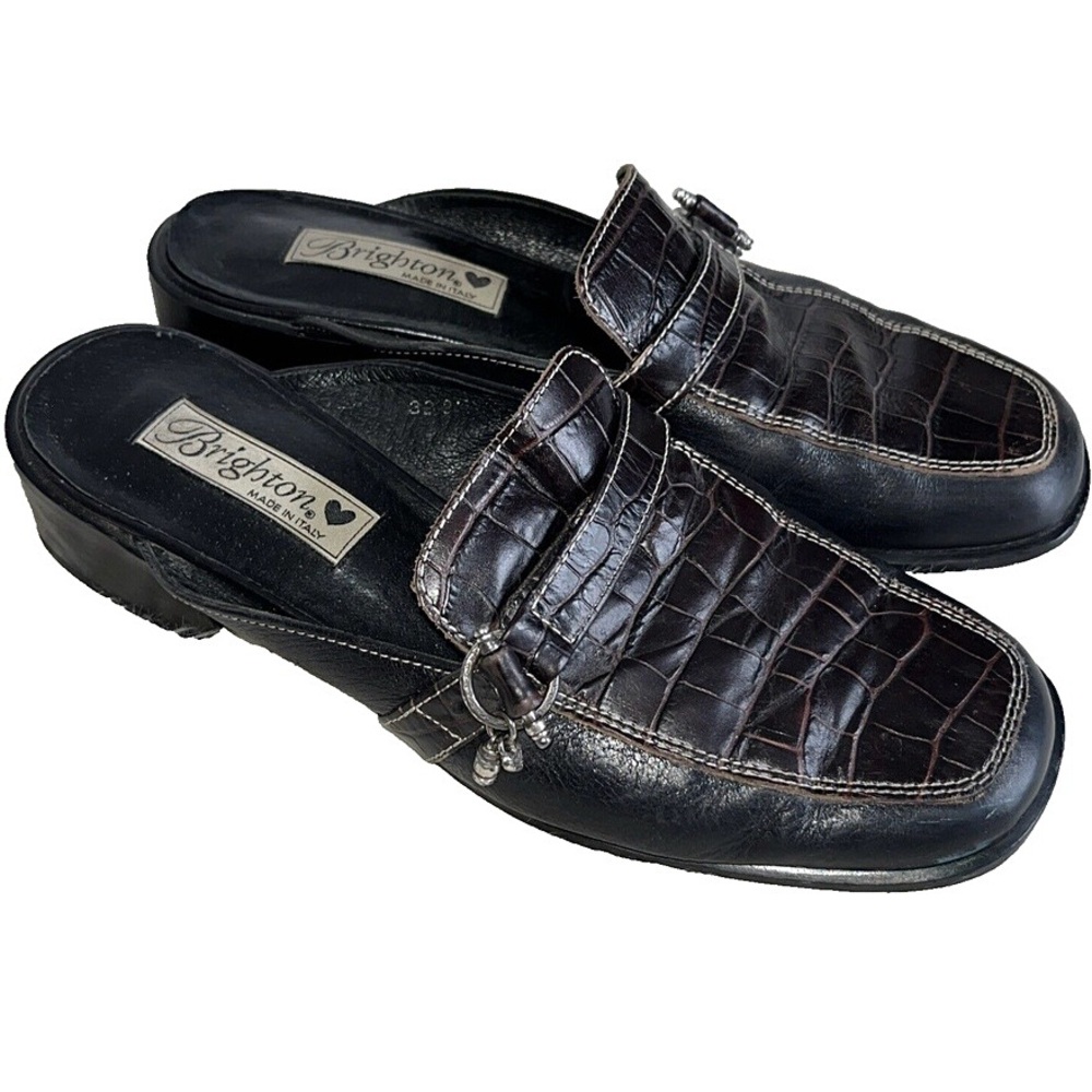 BRIGHTON Women’s Black Leather Round Toe Low Heel Slip On Mules - size 7